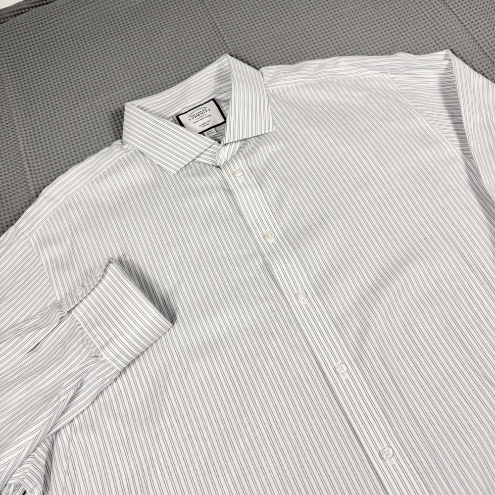 Charles Tyrwhitt Dress Shirt 19/37 White Navy Stripe Classic Fit Non-Iron Cotton